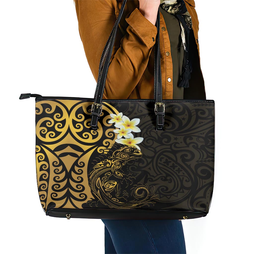 New Zealand Tuatara Plumeria Leather Tote Bag Maori Gold Koru Tribal Tattoo LT01 - Polynesian Pride