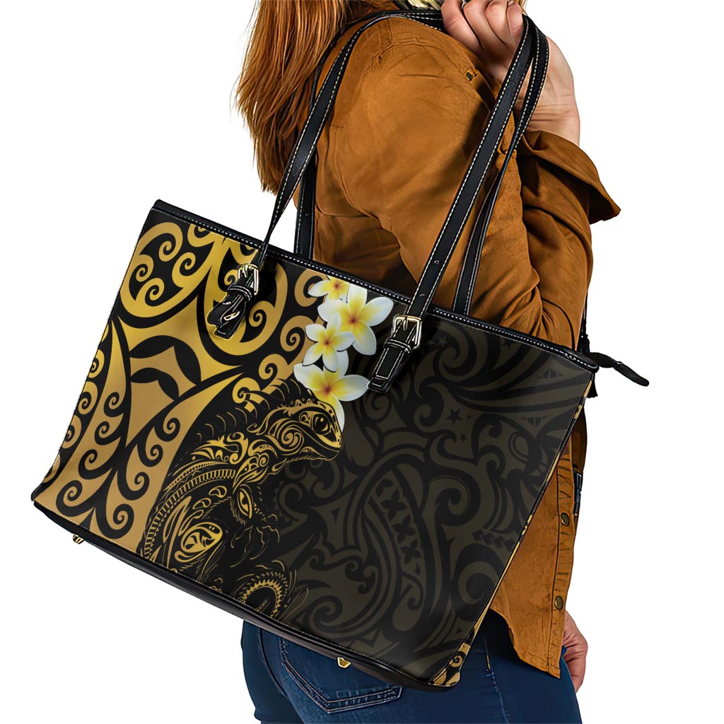 New Zealand Tuatara Plumeria Leather Tote Bag Maori Gold Koru Tribal Tattoo LT01 - Polynesian Pride