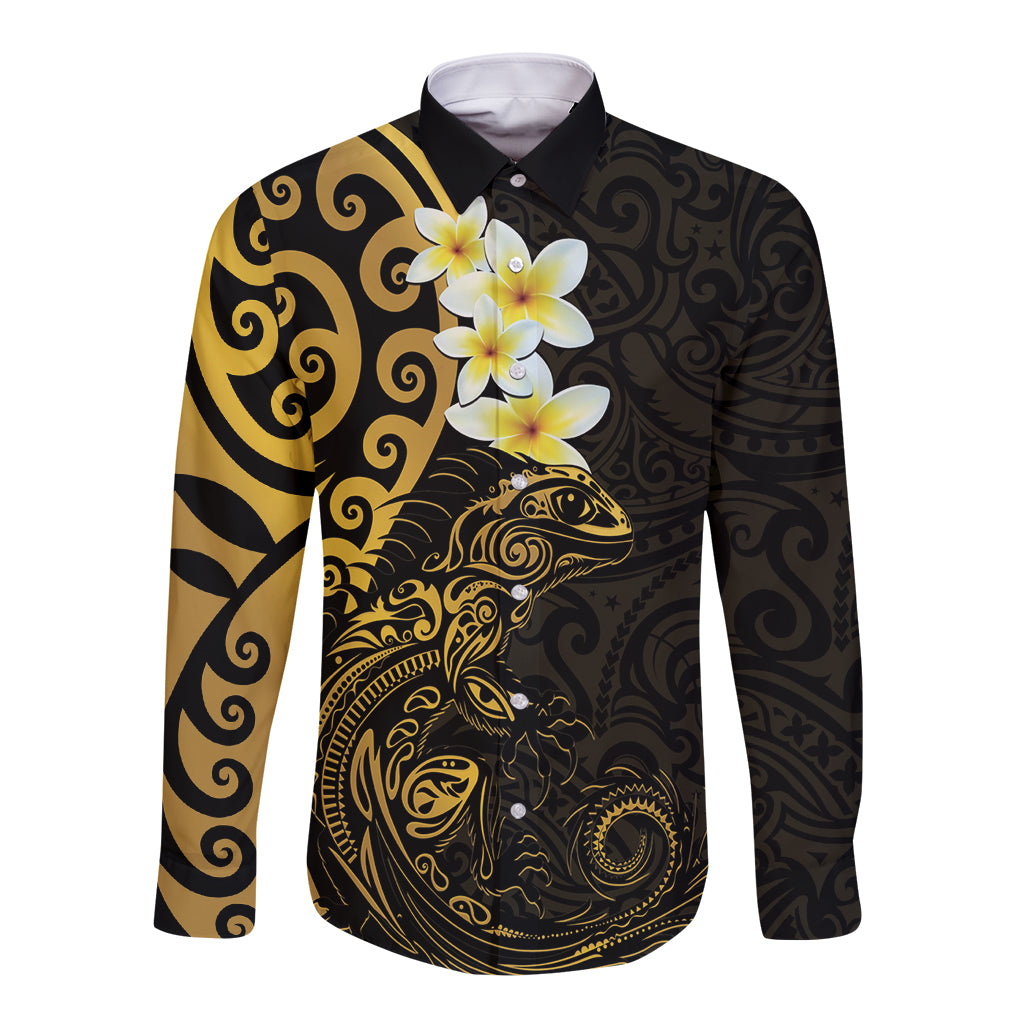 New Zealand Tuatara Plumeria Long Sleeve Button Shirt Maori Gold Koru Tribal Tattoo