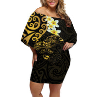 New Zealand Tuatara Plumeria Off Shoulder Short Dress Maori Gold Koru Tribal Tattoo LT01 Women Gold - Polynesian Pride
