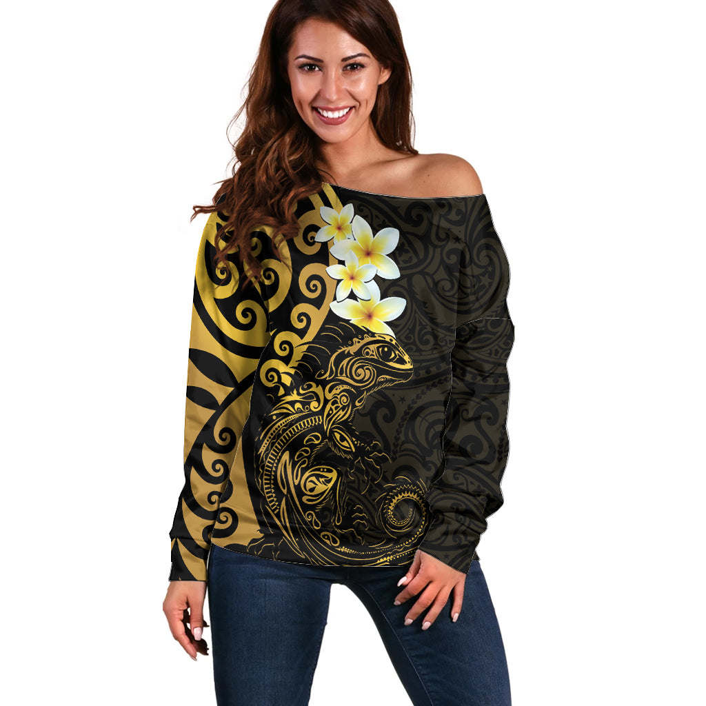 New Zealand Tuatara Plumeria Off Shoulder Sweater Maori Gold Koru Tribal Tattoo