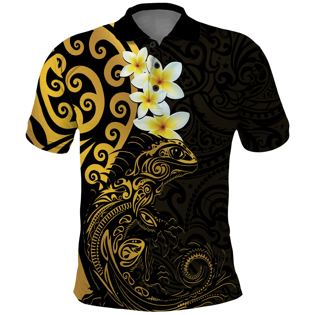 New Zealand Tuatara Plumeria Polo Shirt Maori Gold Koru Tribal Tattoo