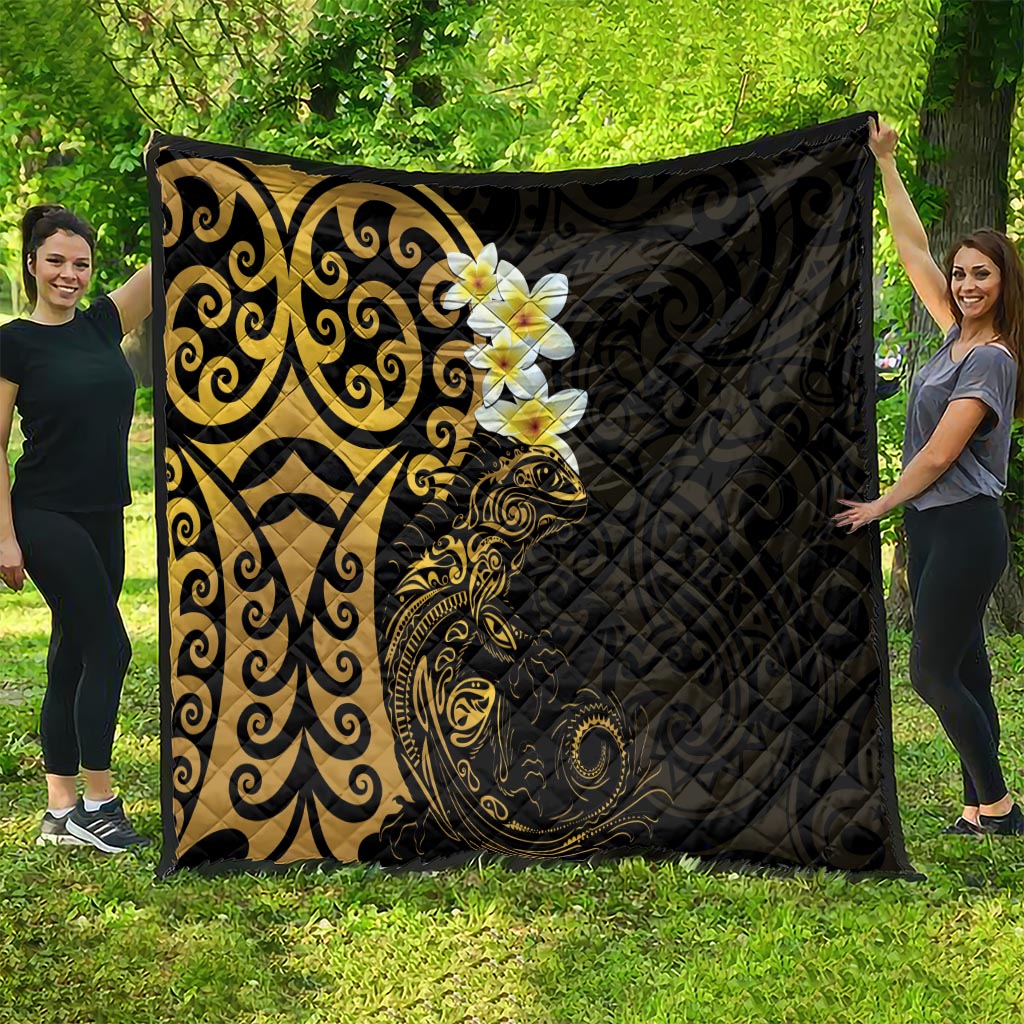 New Zealand Tuatara Plumeria Quilt Maori Gold Koru Tribal Tattoo LT01 - Polynesian Pride
