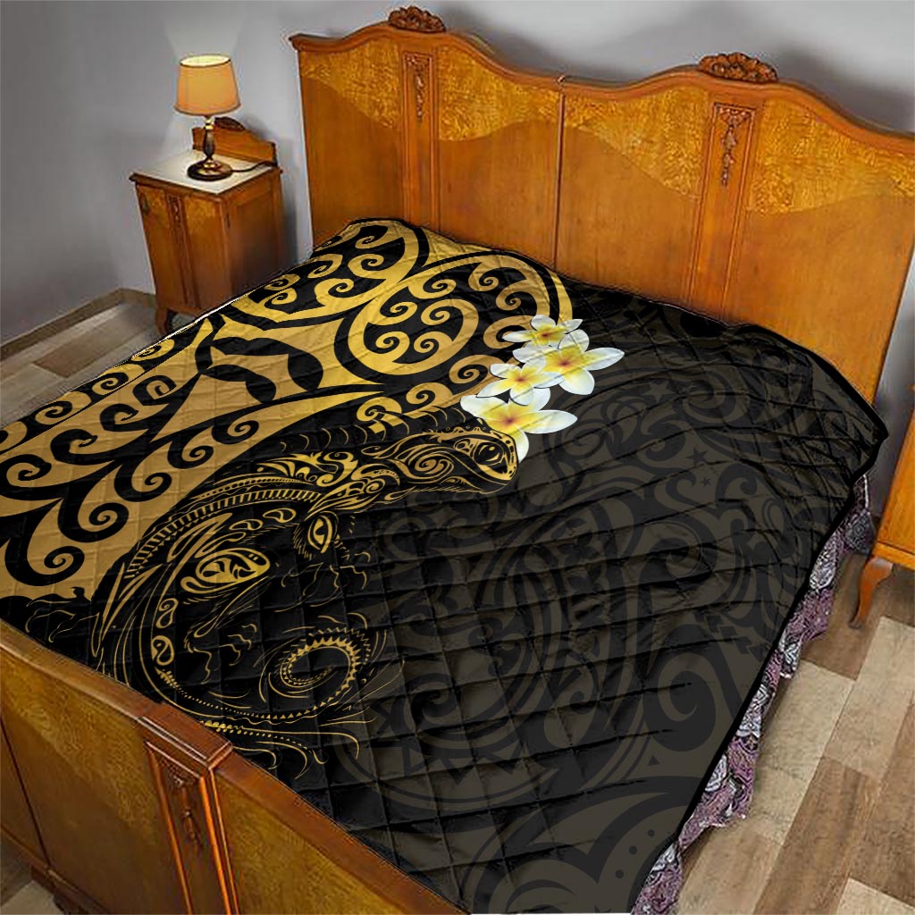 New Zealand Tuatara Plumeria Quilt Maori Gold Koru Tribal Tattoo LT01 - Polynesian Pride
