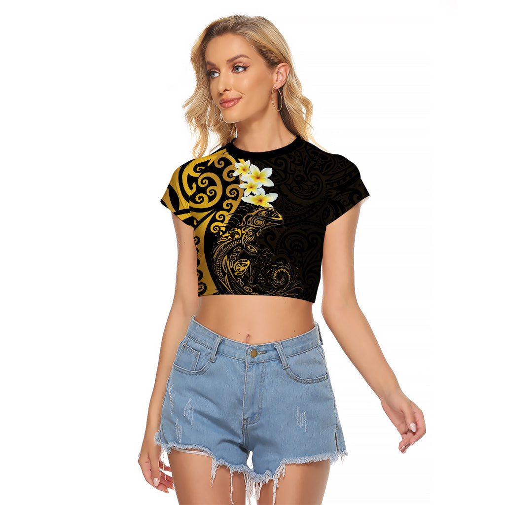 New Zealand Tuatara Plumeria Raglan Cropped T Shirt Maori Gold Koru Tribal Tattoo