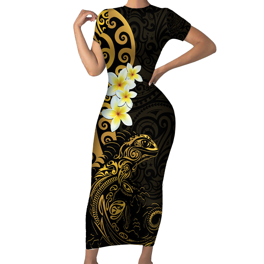 New Zealand Tuatara Plumeria Short Sleeve Bodycon Dress Maori Gold Koru Tribal Tattoo LT01 Long Dress Gold - Polynesian Pride