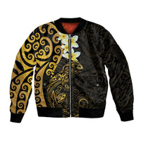 New Zealand Tuatara Plumeria Sleeve Zip Bomber Jacket Maori Gold Koru Tribal Tattoo LT01 Unisex Gold - Polynesian Pride