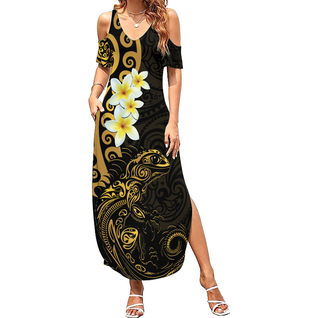 New Zealand Tuatara Plumeria Summer Maxi Dress Maori Gold Koru Tribal Tattoo