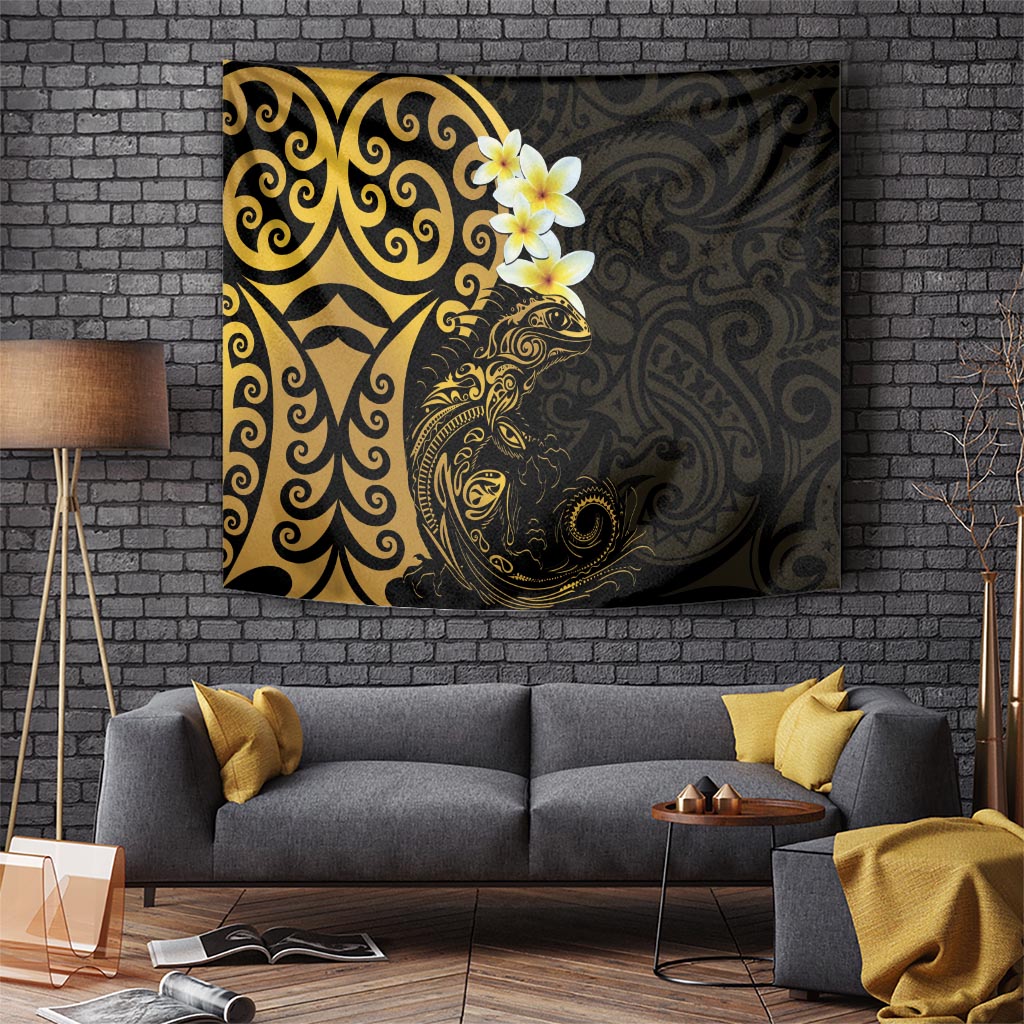 New Zealand Tuatara Plumeria Tapestry Maori Gold Koru Tribal Tattoo LT01 - Polynesian Pride