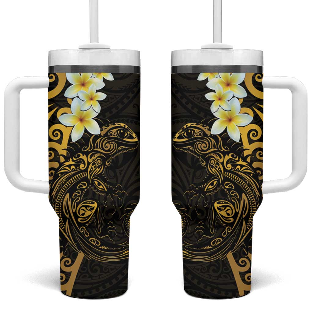 New Zealand Tuatara Plumeria Tumbler With Handle Maori Gold Koru Tribal Tattoo