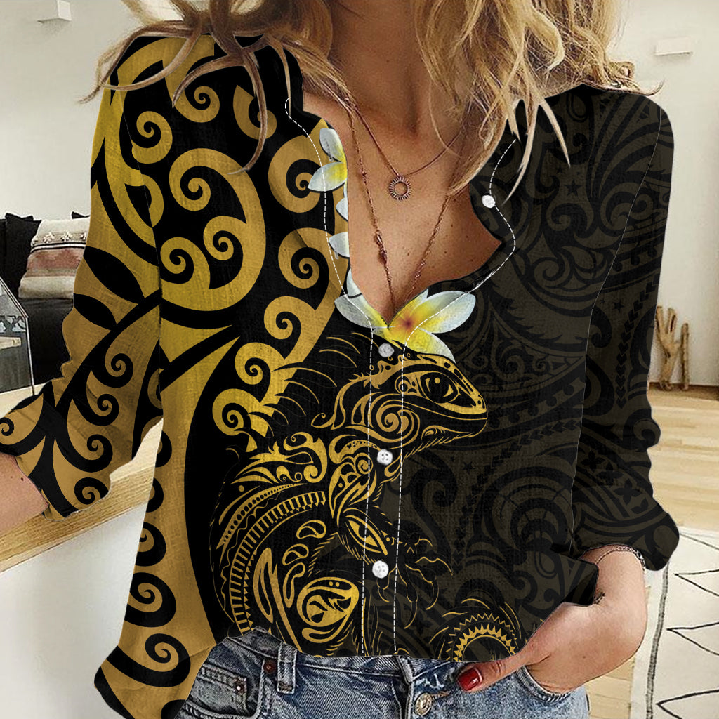New Zealand Tuatara Plumeria Women Casual Shirt Maori Gold Koru Tribal Tattoo