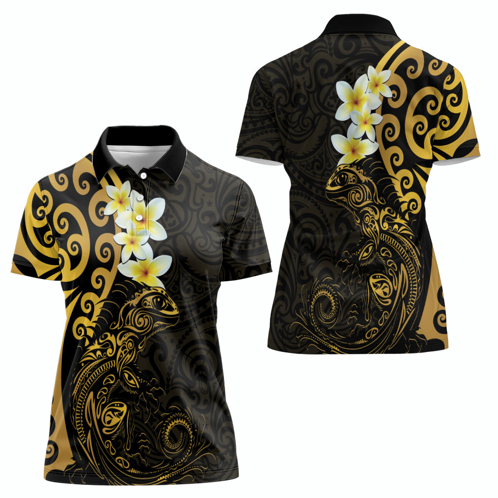 New Zealand Tuatara Plumeria Women Polo Shirt Maori Gold Koru Tribal Tattoo