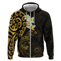 New Zealand Tuatara Plumeria Zip Hoodie Maori Gold Koru Tribal Tattoo LT01 Zip Hoodie Gold - Polynesian Pride