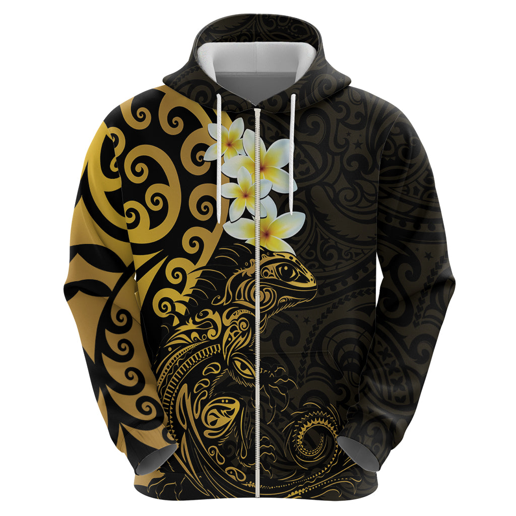New Zealand Tuatara Plumeria Zip Hoodie Maori Gold Koru Tribal Tattoo LT01 - Polynesian Pride