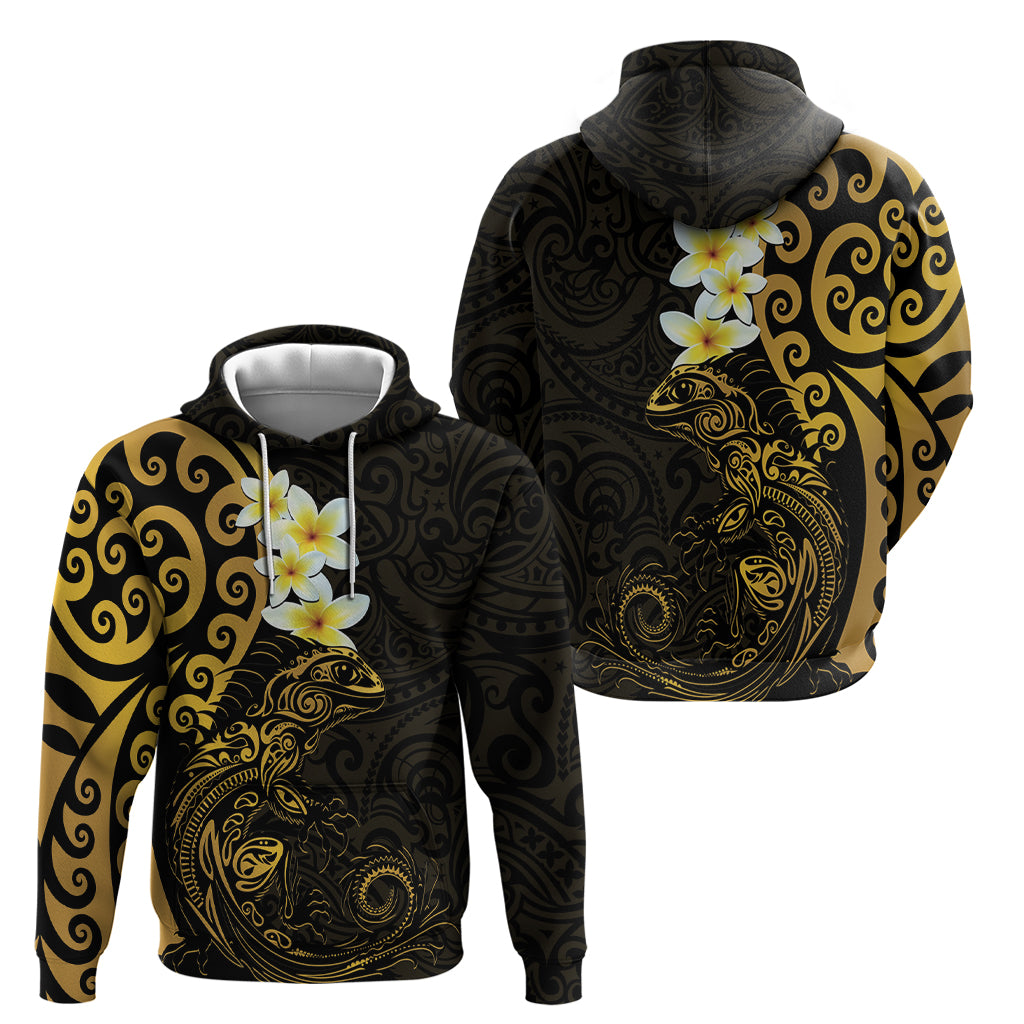 New Zealand Tuatara Plumeria Zip Hoodie Maori Gold Koru Tribal Tattoo LT01 - Polynesian Pride
