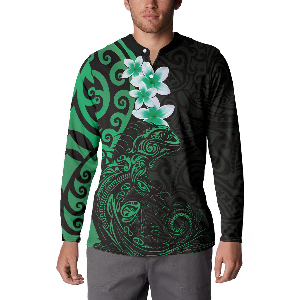 New Zealand Tuatara Plumeria Button Sweatshirt Maori Green Koru Tribal Tattoo