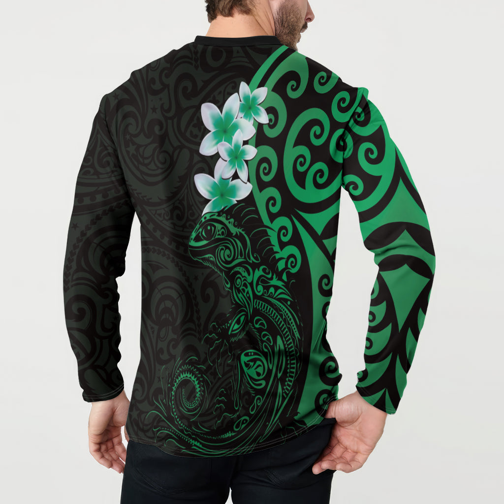 New Zealand Tuatara Plumeria Button Sweatshirt Maori Green Koru Tribal Tattoo