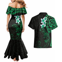 New Zealand Tuatara Plumeria Couples Matching Mermaid Dress and Hawaiian Shirt Maori Green Koru Tribal Tattoo LT01 - Polynesian Pride