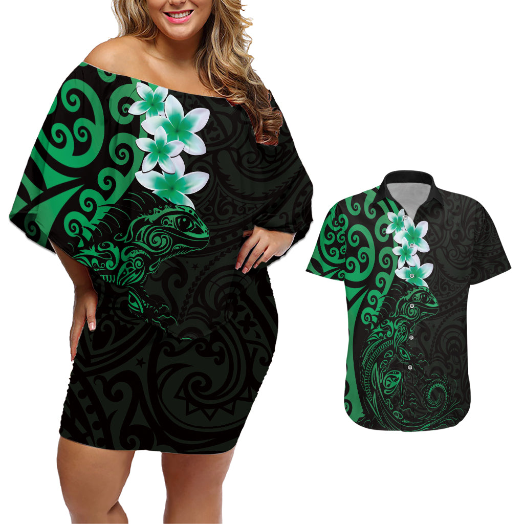 New Zealand Tuatara Plumeria Couples Matching Off Shoulder Short Dress and Hawaiian Shirt Maori Green Koru Tribal Tattoo
