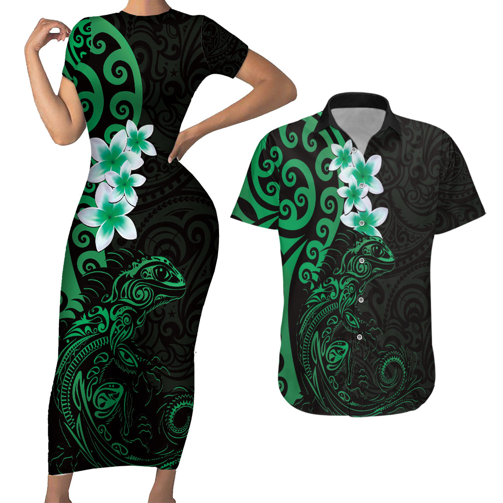 New Zealand Tuatara Plumeria Couples Matching Short Sleeve Bodycon Dress and Hawaiian Shirt Maori Green Koru Tribal Tattoo LT01 Green - Polynesian Pride