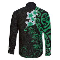 New Zealand Tuatara Plumeria Family Matching Long Sleeve Bodycon Dress and Hawaiian Shirt Maori Green Koru Tribal Tattoo LT01 - Polynesian Pride