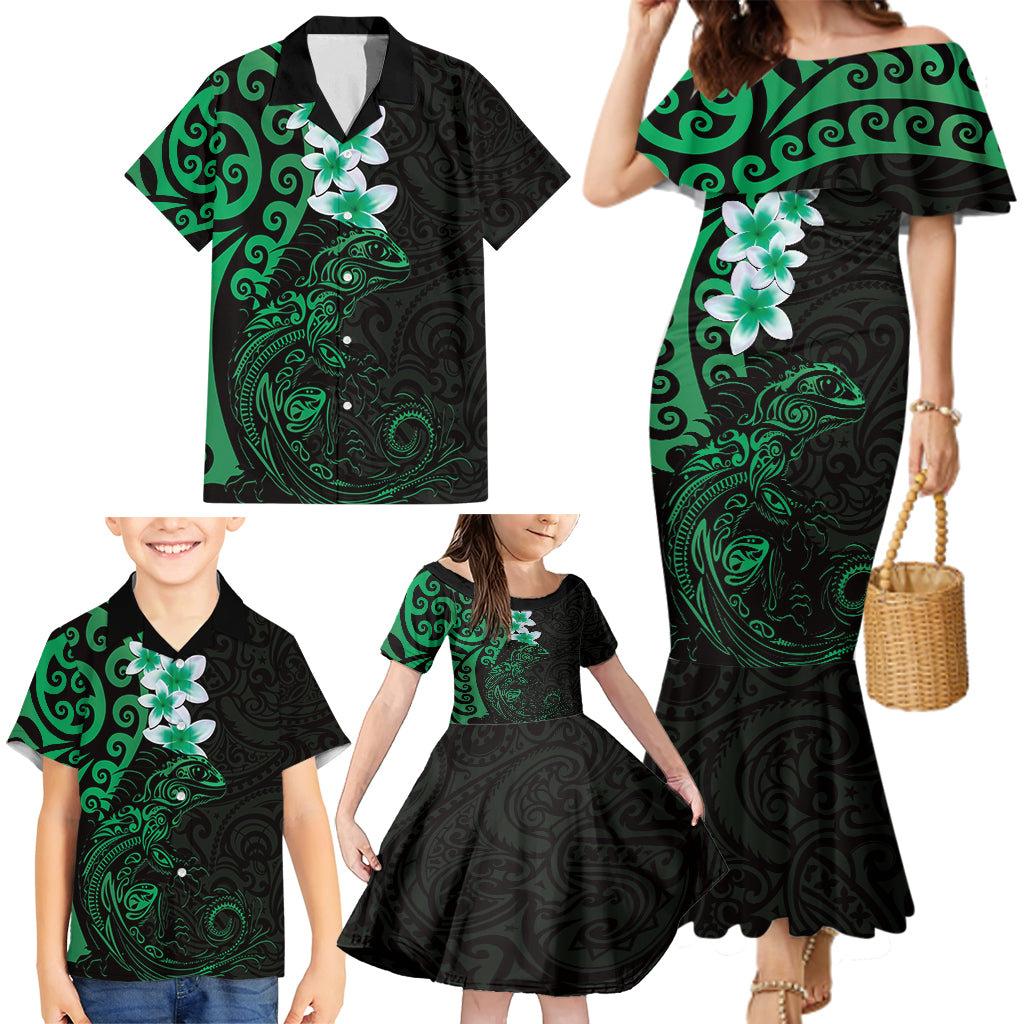 New Zealand Tuatara Plumeria Family Matching Mermaid Dress and Hawaiian Shirt Maori Green Koru Tribal Tattoo LT01 - Polynesian Pride