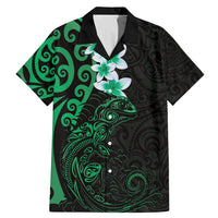 New Zealand Tuatara Plumeria Family Matching Mermaid Dress and Hawaiian Shirt Maori Green Koru Tribal Tattoo LT01 Dad's Shirt - Short Sleeve Green - Polynesian Pride