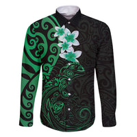 New Zealand Tuatara Plumeria Family Matching Mermaid Dress and Hawaiian Shirt Maori Green Koru Tribal Tattoo LT01 Dad's Shirt - Long Sleeve Green - Polynesian Pride