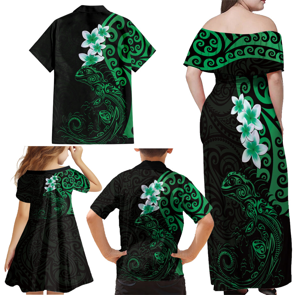 New Zealand Tuatara Plumeria Family Matching Off Shoulder Maxi Dress and Hawaiian Shirt Maori Green Koru Tribal Tattoo