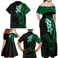 New Zealand Tuatara Plumeria Family Matching Off Shoulder Maxi Dress and Hawaiian Shirt Maori Green Koru Tribal Tattoo