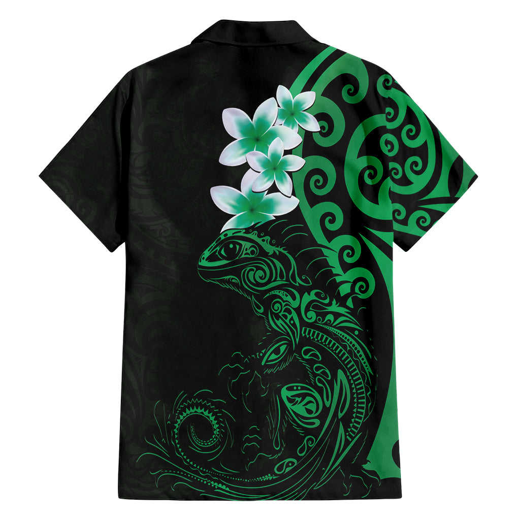 New Zealand Tuatara Plumeria Family Matching Off Shoulder Short Dress and Hawaiian Shirt Maori Green Koru Tribal Tattoo