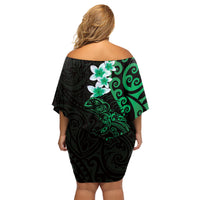 New Zealand Tuatara Plumeria Family Matching Off Shoulder Short Dress and Hawaiian Shirt Maori Green Koru Tribal Tattoo