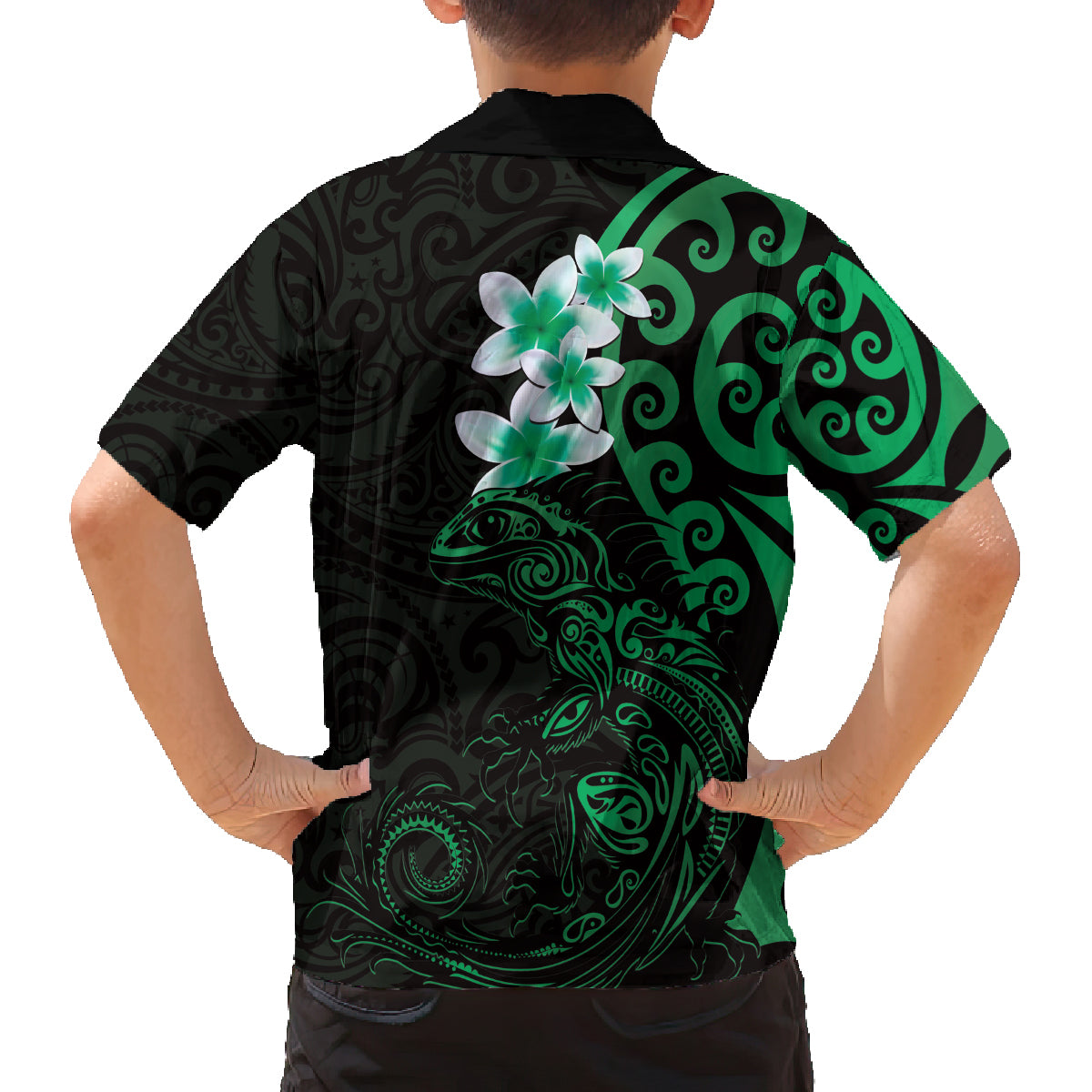 New Zealand Tuatara Plumeria Family Matching Puletasi and Hawaiian Shirt Maori Green Koru Tribal Tattoo LT01 - Polynesian Pride