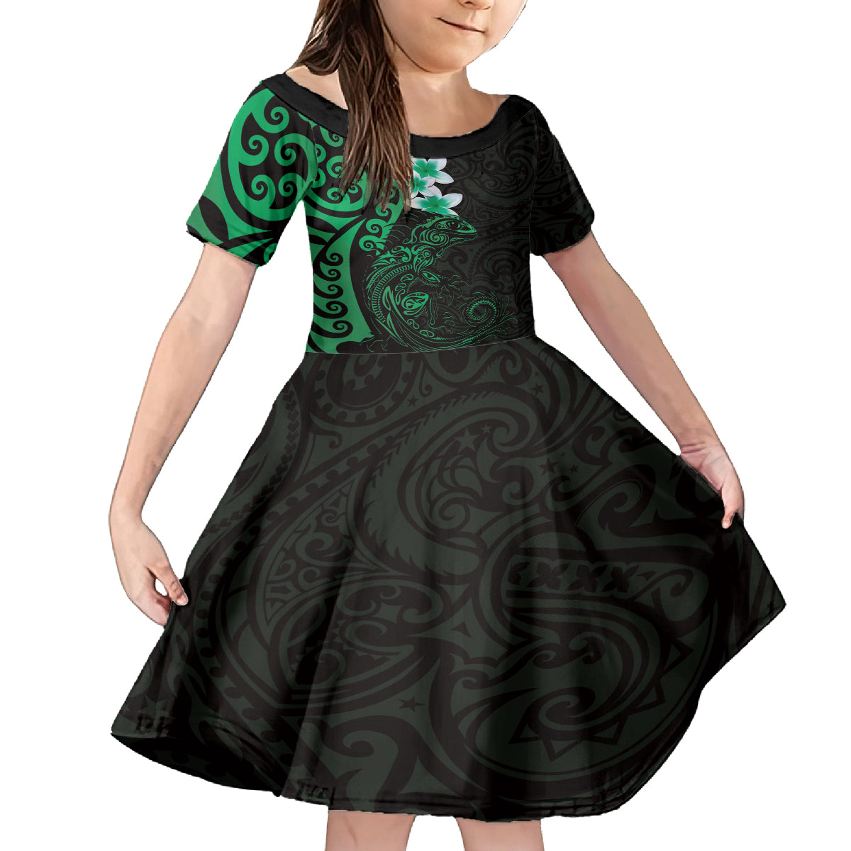 New Zealand Tuatara Plumeria Family Matching Puletasi and Hawaiian Shirt Maori Green Koru Tribal Tattoo LT01 Daughter's Dress Green - Polynesian Pride