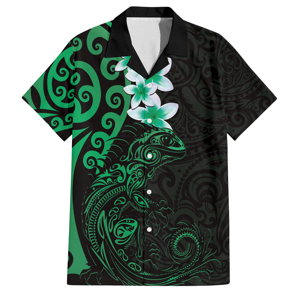 New Zealand Tuatara Plumeria Family Matching Puletasi and Hawaiian Shirt Maori Green Koru Tribal Tattoo LT01 Dad's Shirt - Short Sleeve Green - Polynesian Pride