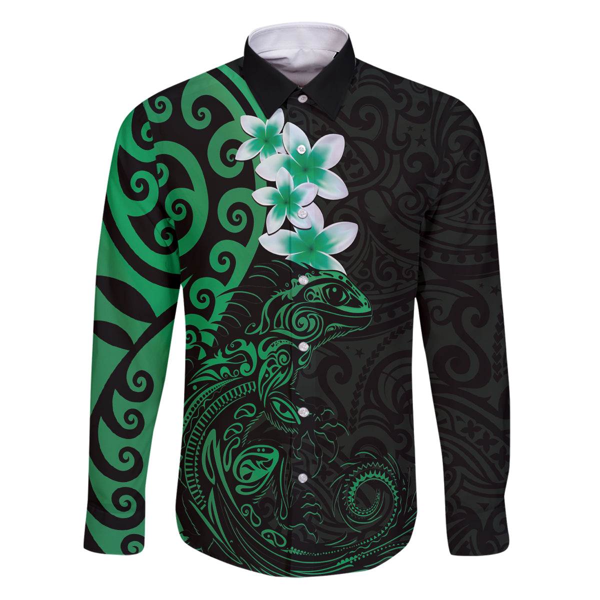 New Zealand Tuatara Plumeria Family Matching Puletasi and Hawaiian Shirt Maori Green Koru Tribal Tattoo LT01 Dad's Shirt - Long Sleeve Green - Polynesian Pride