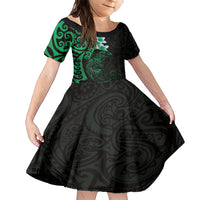 New Zealand Tuatara Plumeria Family Matching Short Sleeve Bodycon Dress and Hawaiian Shirt Maori Green Koru Tribal Tattoo LT01 Daughter's Dress Green - Polynesian Pride