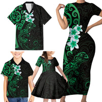 New Zealand Tuatara Plumeria Family Matching Short Sleeve Bodycon Dress and Hawaiian Shirt Maori Green Koru Tribal Tattoo LT01 - Polynesian Pride