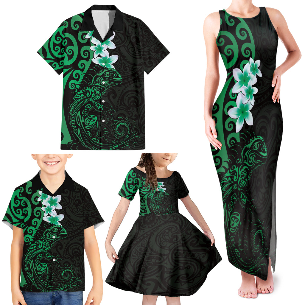 New Zealand Tuatara Plumeria Family Matching Tank Maxi Dress and Hawaiian Shirt Maori Green Koru Tribal Tattoo