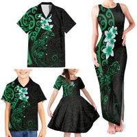 New Zealand Tuatara Plumeria Family Matching Tank Maxi Dress and Hawaiian Shirt Maori Green Koru Tribal Tattoo