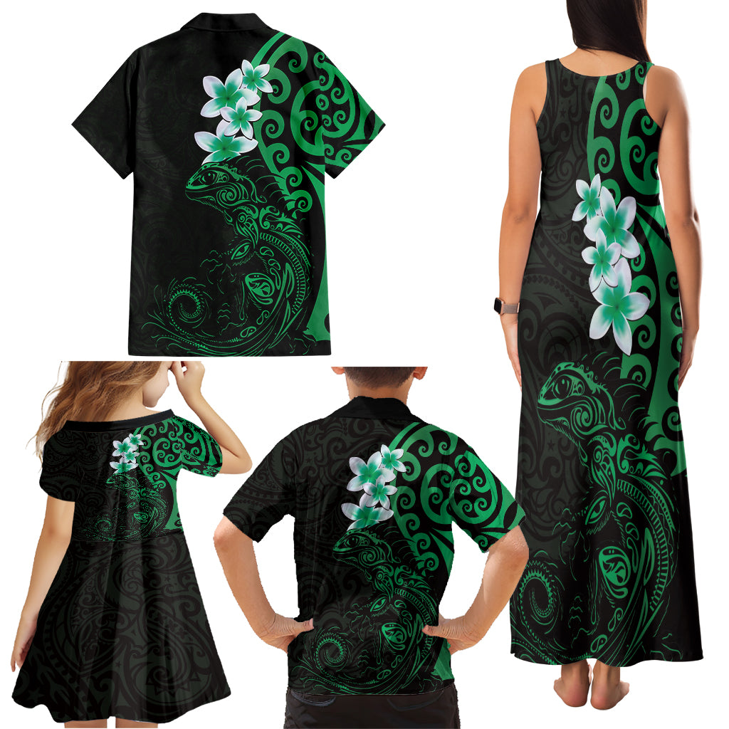 New Zealand Tuatara Plumeria Family Matching Tank Maxi Dress and Hawaiian Shirt Maori Green Koru Tribal Tattoo