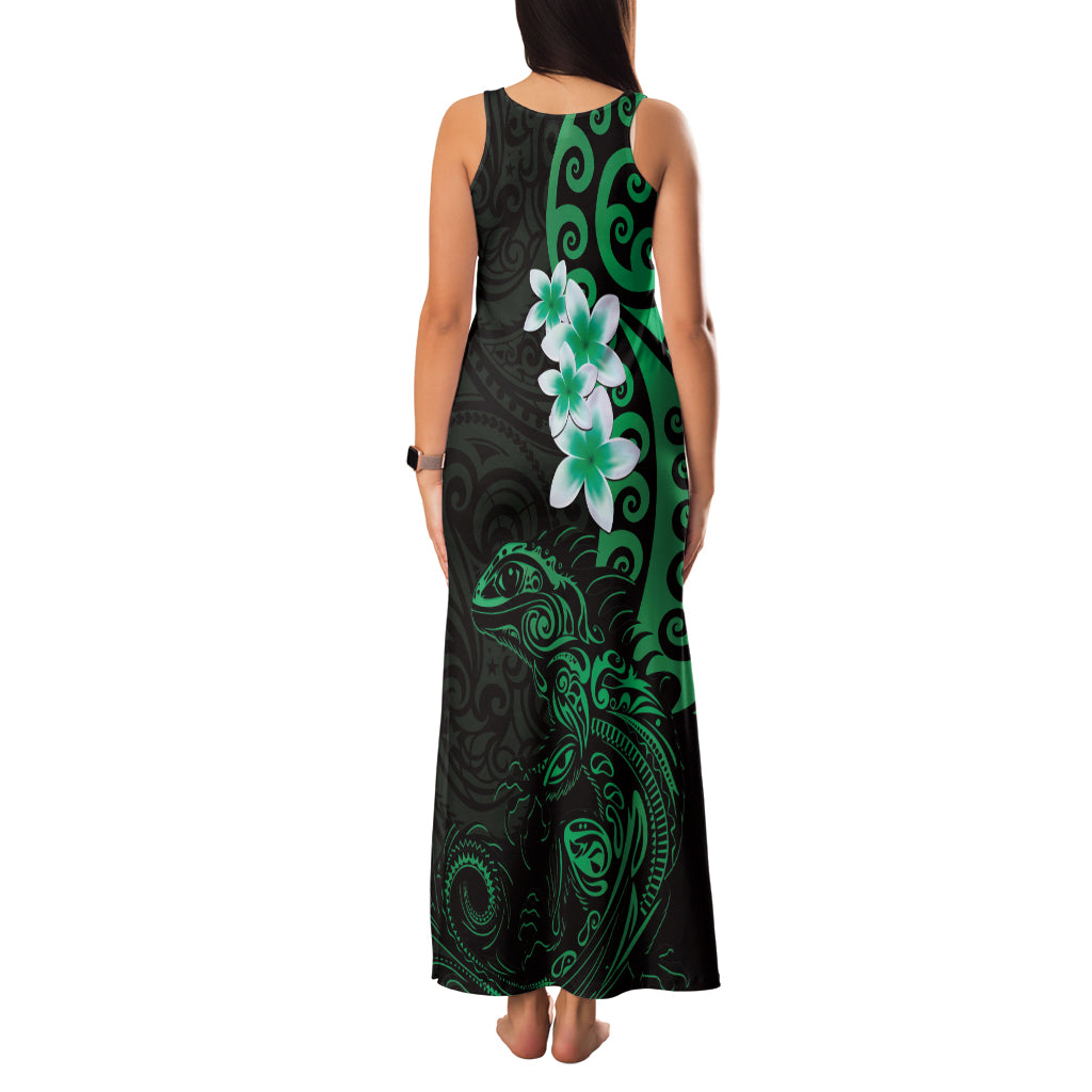 New Zealand Tuatara Plumeria Family Matching Tank Maxi Dress and Hawaiian Shirt Maori Green Koru Tribal Tattoo