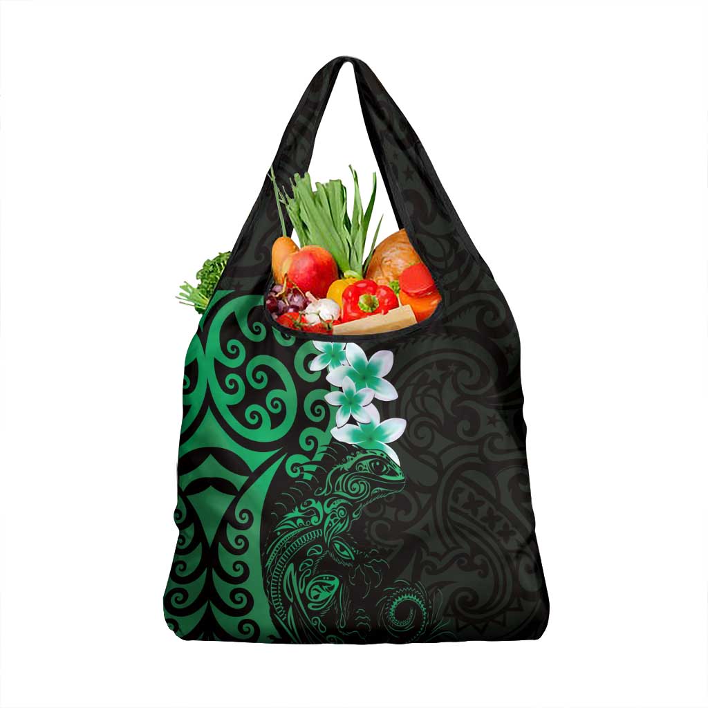 New Zealand Tuatara Plumeria Grocery Bag Maori Green Koru Tribal Tattoo