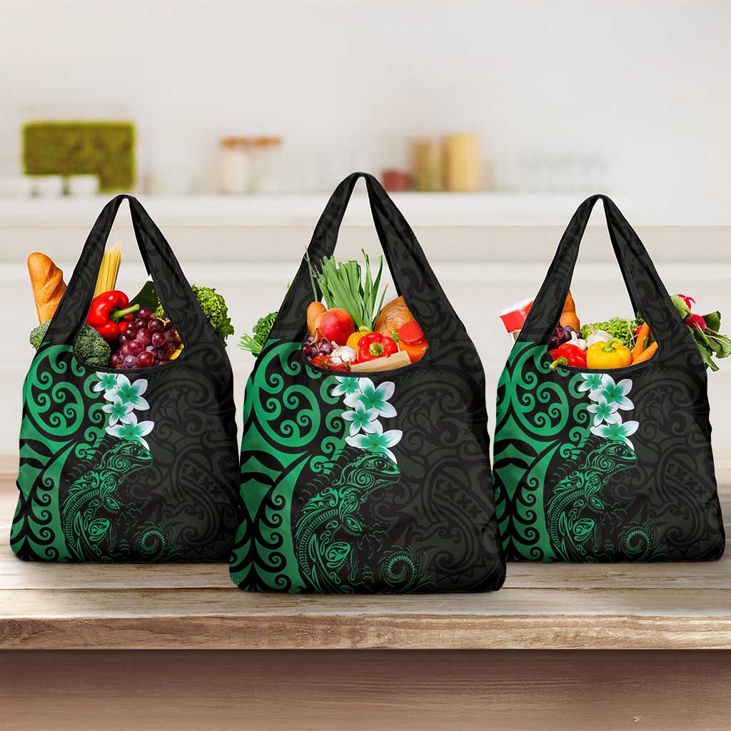 New Zealand Tuatara Plumeria Grocery Bag Maori Green Koru Tribal Tattoo