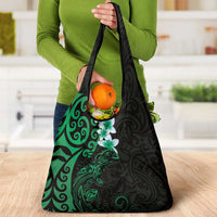 New Zealand Tuatara Plumeria Grocery Bag Maori Green Koru Tribal Tattoo