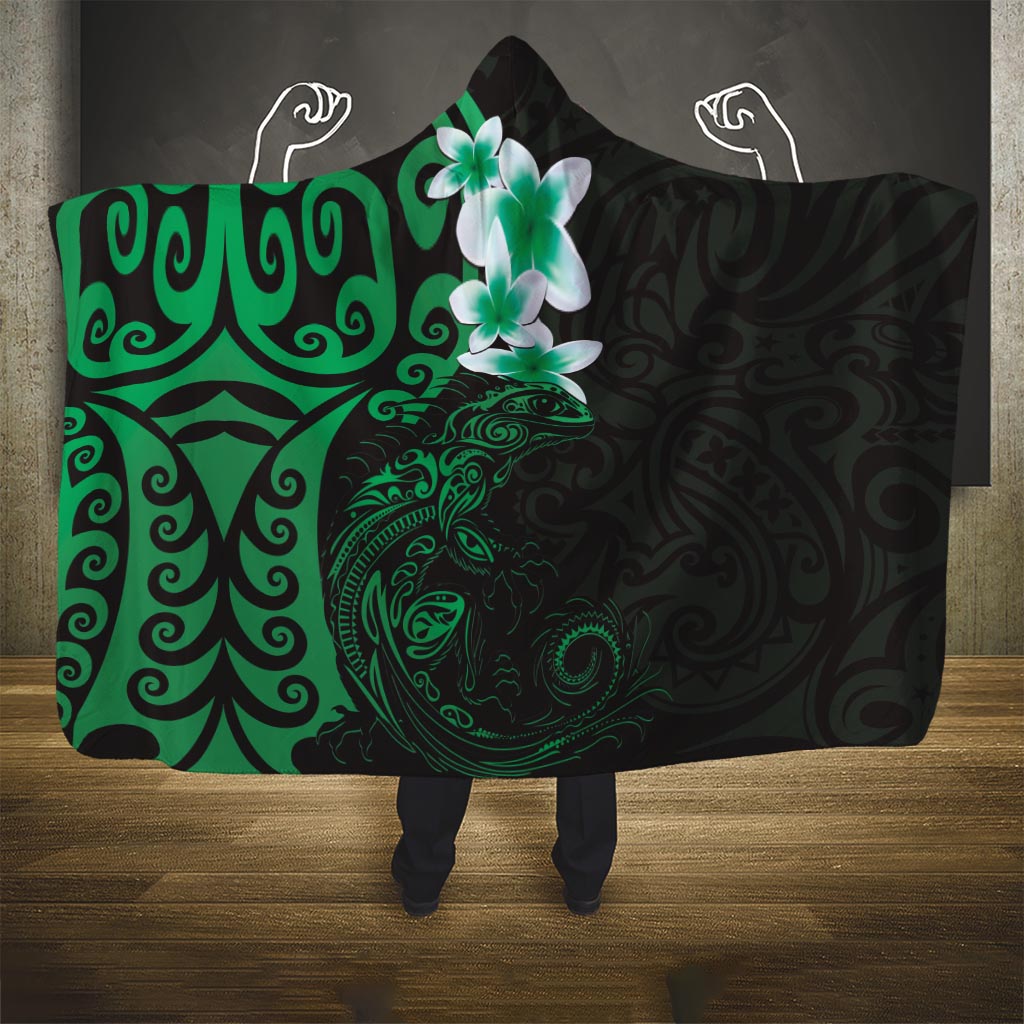 New Zealand Tuatara Plumeria Hooded Blanket Maori Green Koru Tribal Tattoo LT01 One Size Green - Polynesian Pride