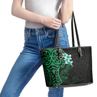 New Zealand Tuatara Plumeria Leather Tote Bag Maori Green Koru Tribal Tattoo LT01 - Polynesian Pride