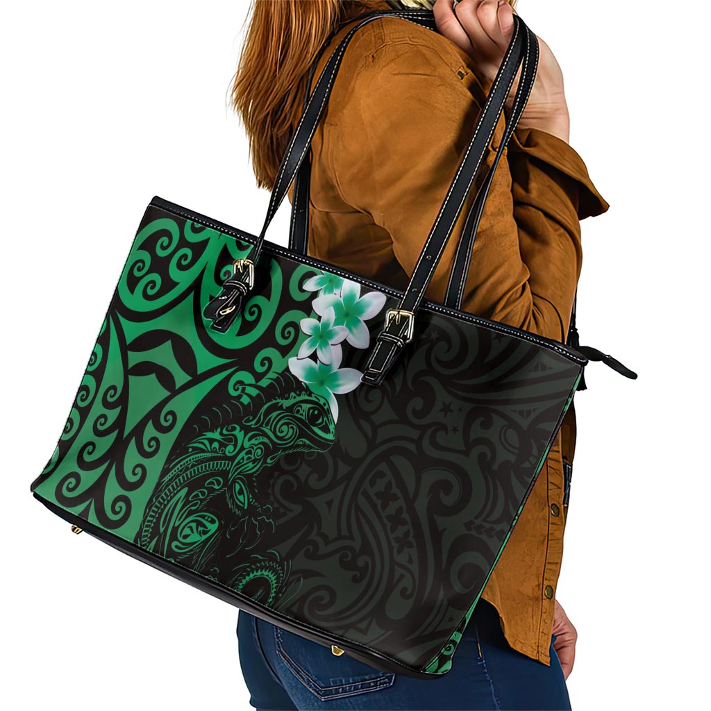 New Zealand Tuatara Plumeria Leather Tote Bag Maori Green Koru Tribal Tattoo LT01 - Polynesian Pride