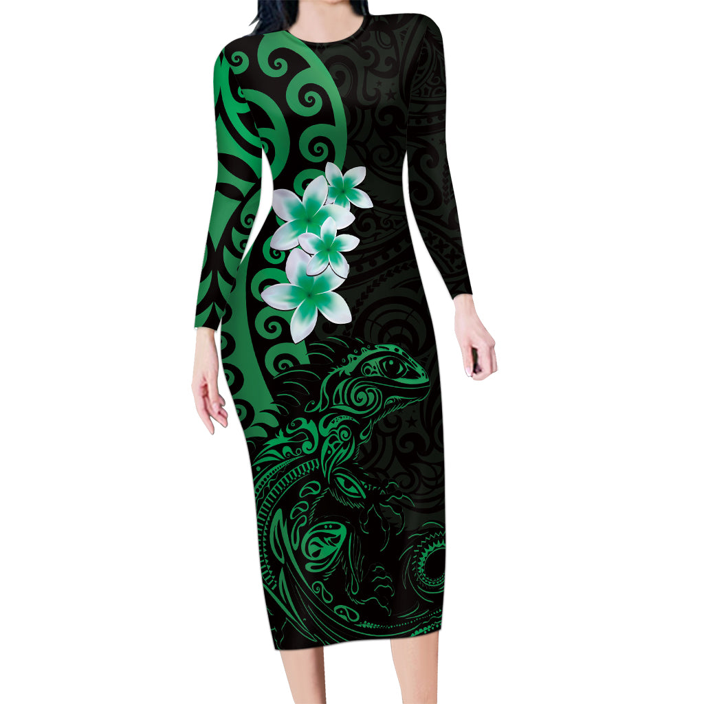 New Zealand Tuatara Plumeria Long Sleeve Bodycon Dress Maori Green Koru Tribal Tattoo LT01 Long Dress Green - Polynesian Pride