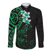 New Zealand Tuatara Plumeria Long Sleeve Button Shirt Maori Green Koru Tribal Tattoo